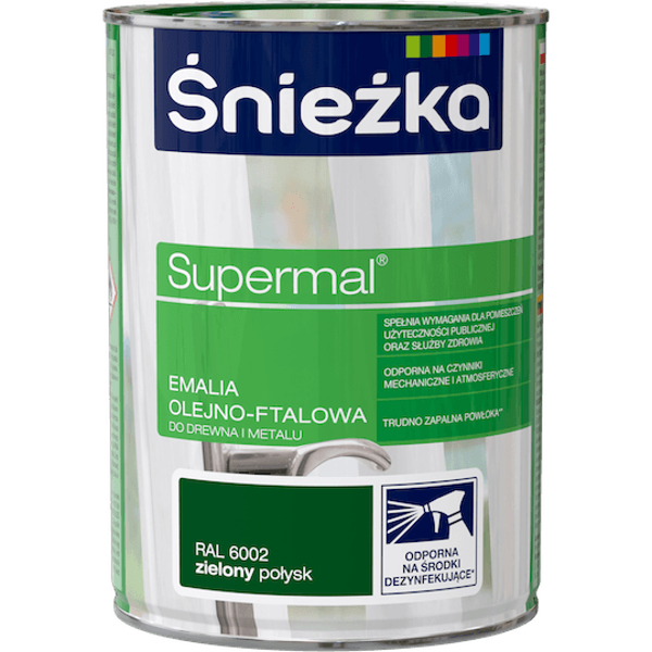 Obrazek ŚNIEŻKA Supermal® Emalia Olejno-ftalowa Połysk Ral 6002 Zielony 0,8 L.