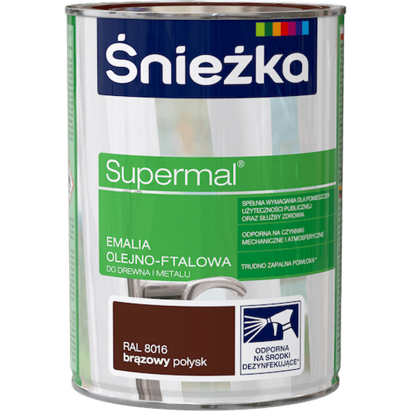 Obrazek ŚNIEŻKA Supermal® Emalia Olejno-ftalowa Połysk Ral 8016 Brąz 0,8 L.