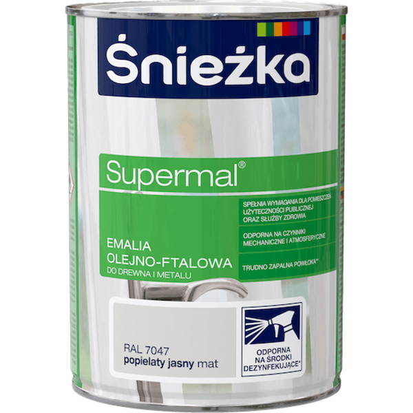 Obrazek ŚNIEŻKA Supermal® Emalia Olejno-ftalowa Mat RAL 7047 Popielaty Jasny 0,8 L.